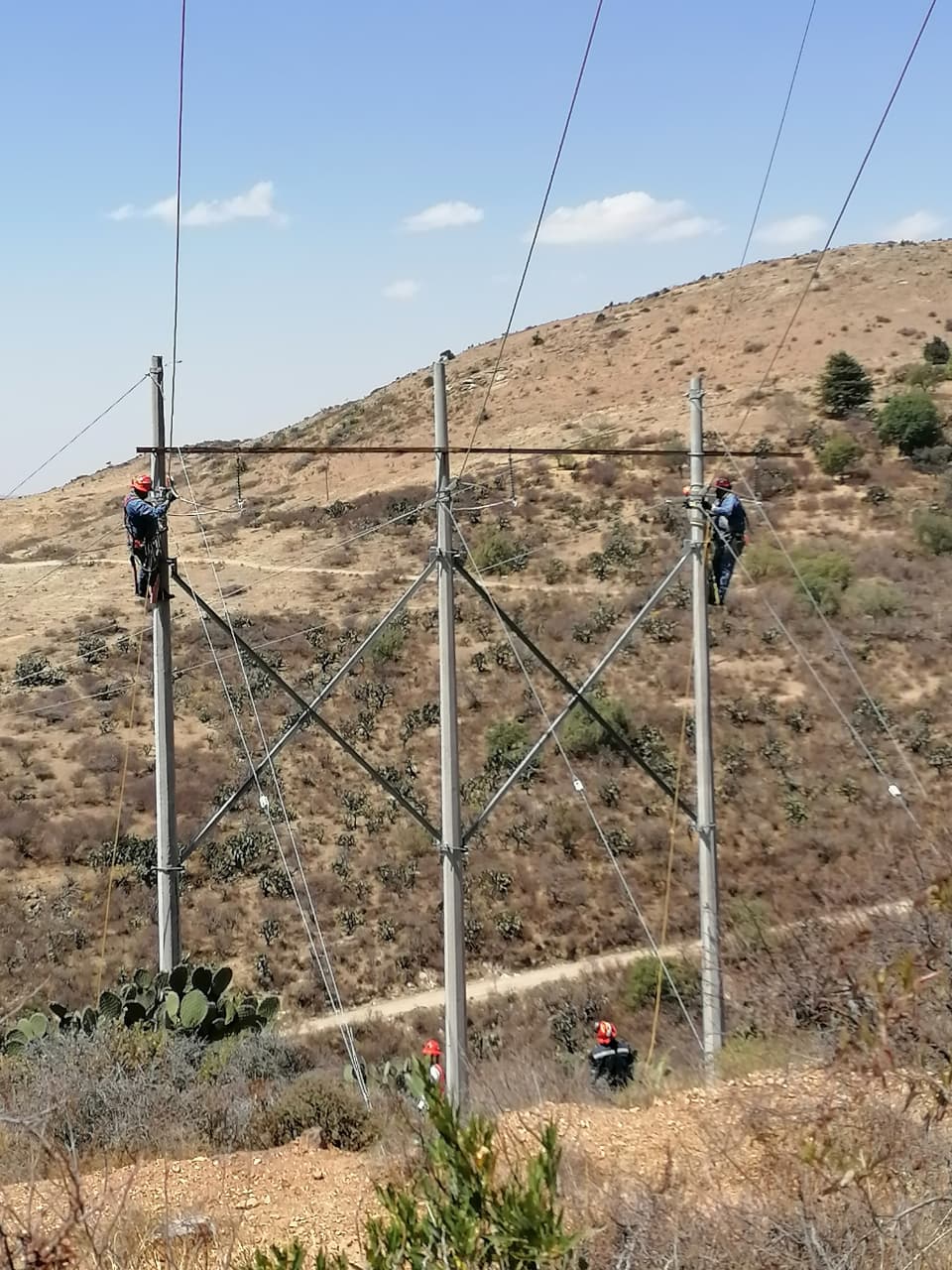 Ingenieros eléctricos certificados OPELEC trabajando en líneas de alta tensión en La Laguna